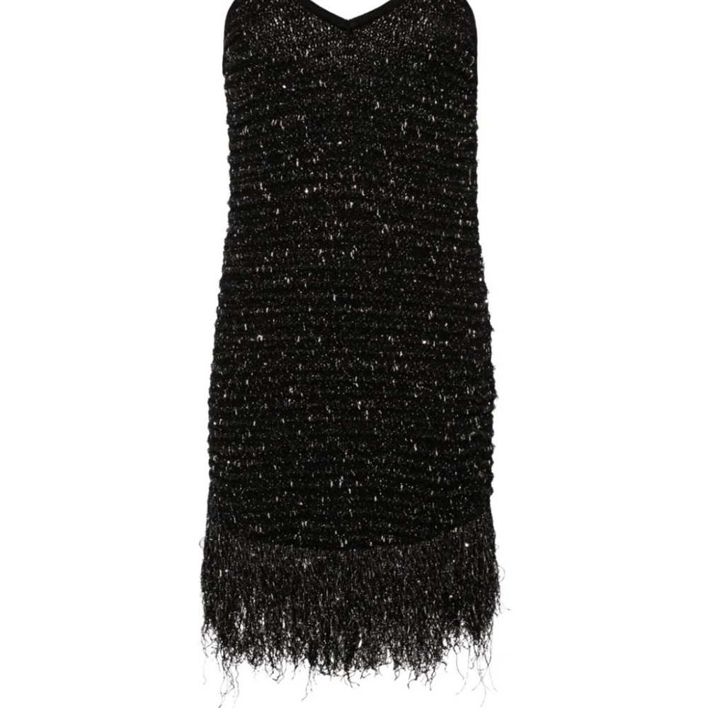 Balmain Black Textured Fringe Mini Dress